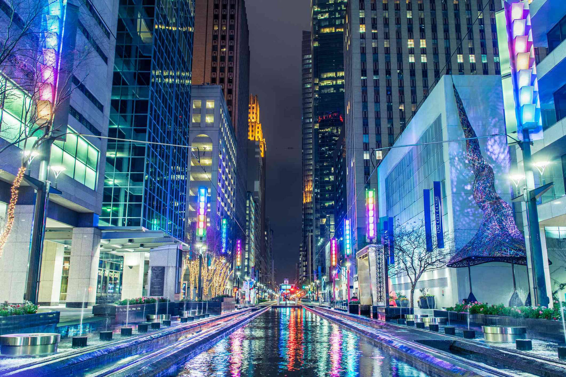downtown houston main street at night